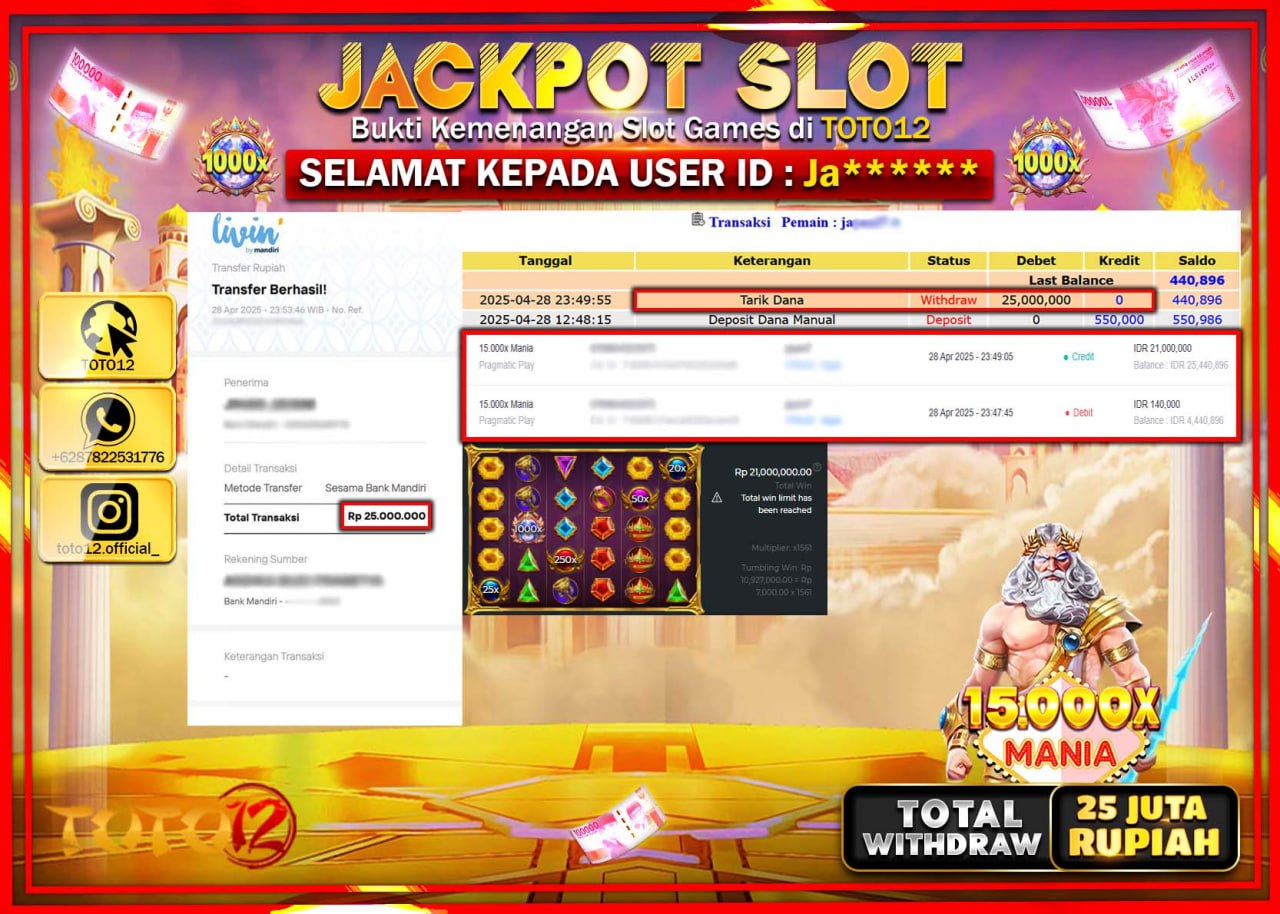 HANYA DI TOTO12 JP PASTI DI BAYAR LUNAS DAN CEPAT!!!!!! JACKPOT SLOT GAME (15.000 X MANIA) Rp.25.000.000 !!!!
