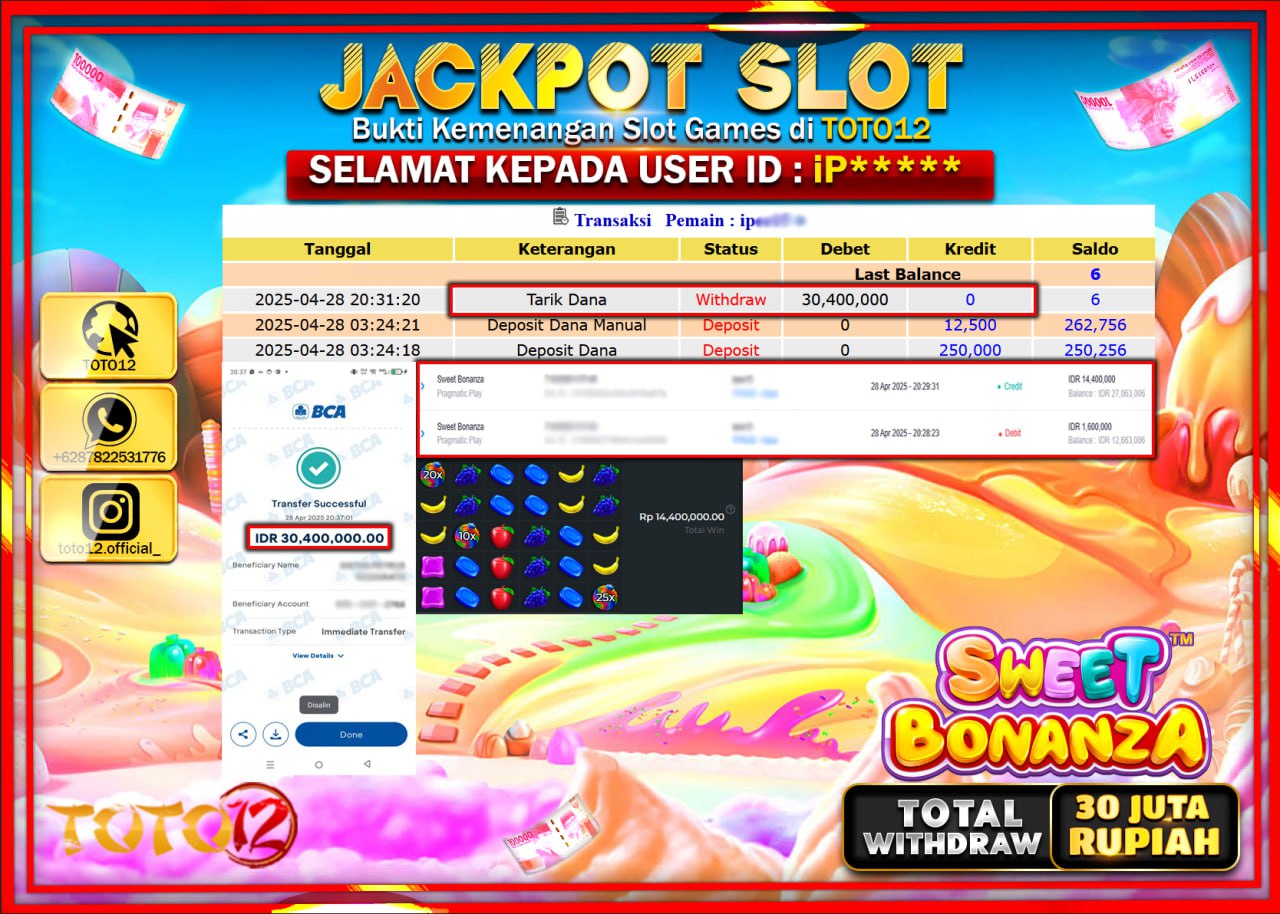 HANYA DI TOTO12 JP PASTI DI BAYAR LUNAS DAN CEPAT!!!!!! JACKPOT SLOT GAME (SWEET BONANZA) Rp.30.000.000 !!!!