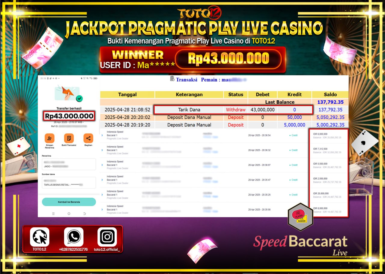 HANYA DI TOTO12 JP PASTI DI BAYAR LUNAS DAN CEPAT!!!!!! JACKPOT PRAGMATIC PLAY LIVE CASINO (INDONESIA SPEED BACCARAT 1) Rp.43.000.000 !!!!