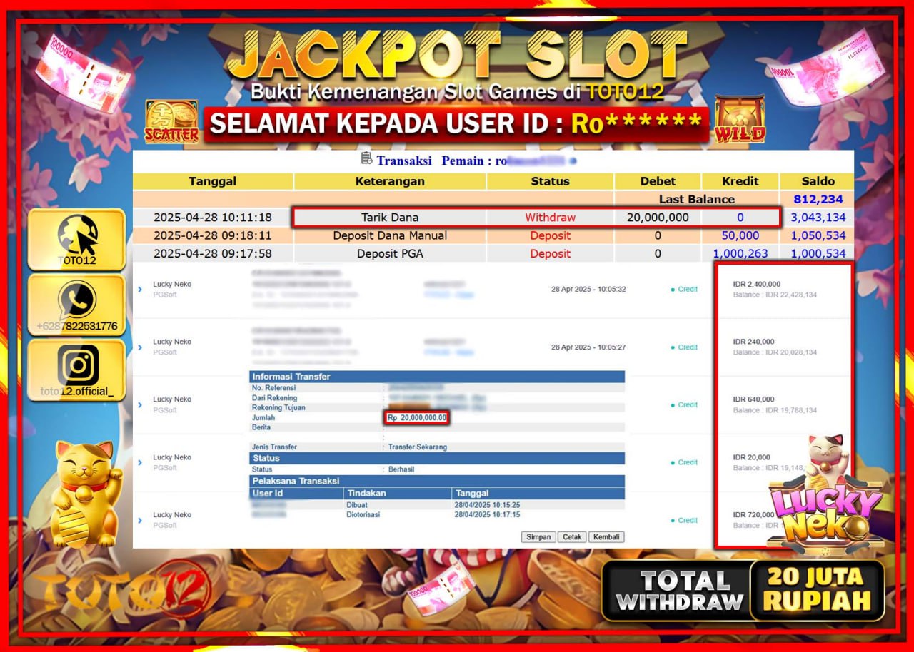 HANYA DI TOTO12 JP PASTI DI BAYAR LUNAS DAN CEPAT!!!!!! JACKPOT SLOT GAME (LUCKY NEKO) Rp.20.000.000 !!!!