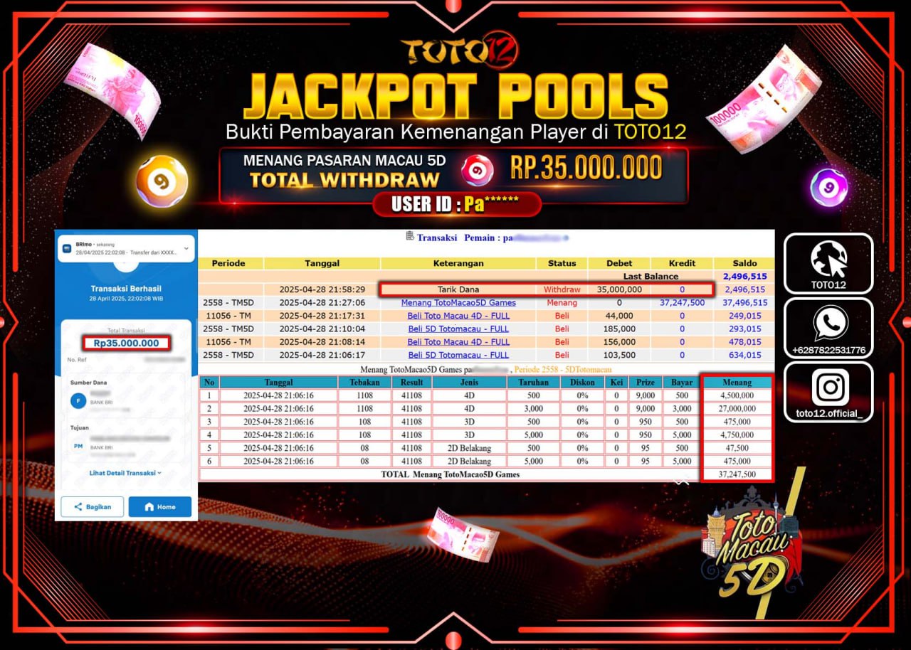 HANYA DI TOTO12 JP PASTI DI BAYAR LUNAS DAN CEPAT!!!!!! JACKPOT POOLS PASARAN (TOTO MACAU5D) Rp.35.000.000 !!!!