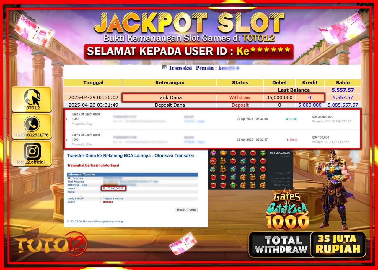 HANYA DI TOTO12 JP PASTI DI BAYAR LUNAS DAN CEPAT!!!!!! JACKPOT SLOT GAME (GATES OF GATOT KACA 1000) Rp.35.000.000 !!!!