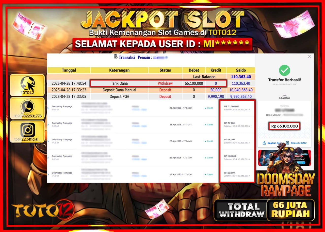 HANYA DI TOTO12 JP PASTI DI BAYAR LUNAS DAN CEPAT!!!!!! JACKPOT SLOT GAME (DOOMSDAY RAMPAGE) Rp.66.000.000 !!!!