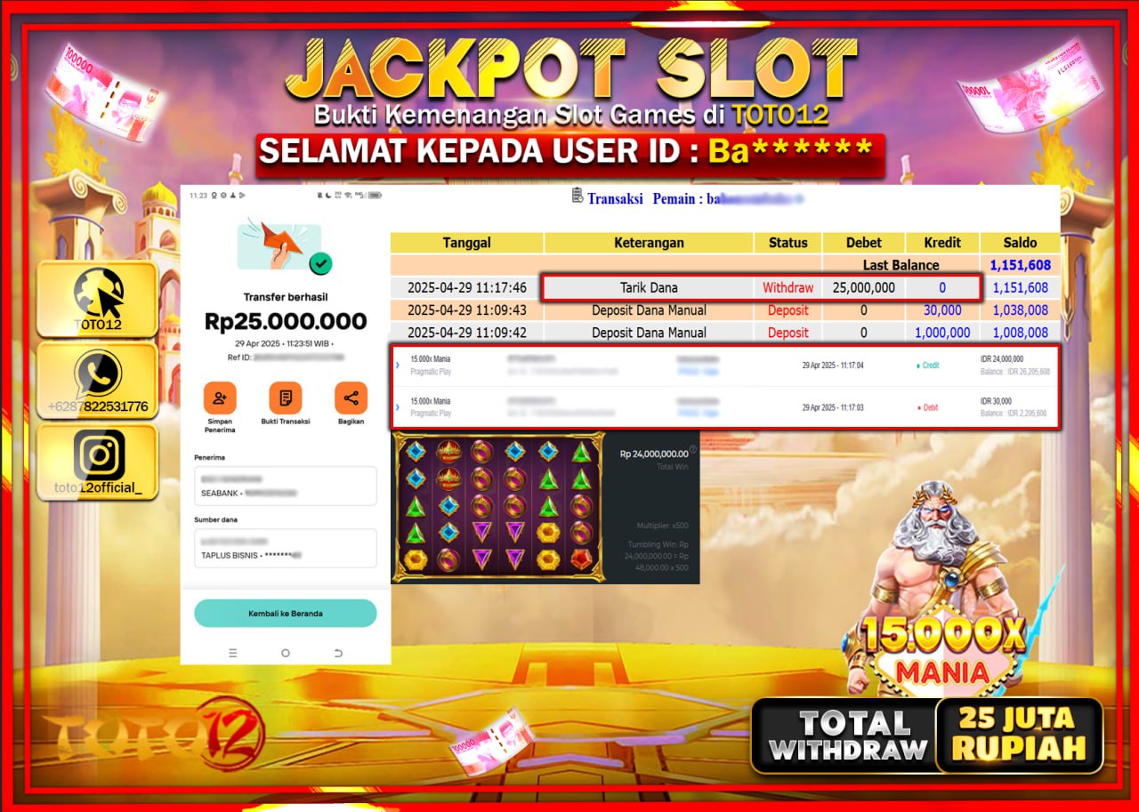 HANYA DI TOTO12 JP PASTI DI BAYAR LUNAS DAN CEPAT!!!!!! JACKPOT SLOT GAME (15.000X MANIA) Rp.25.000.000 !!!!