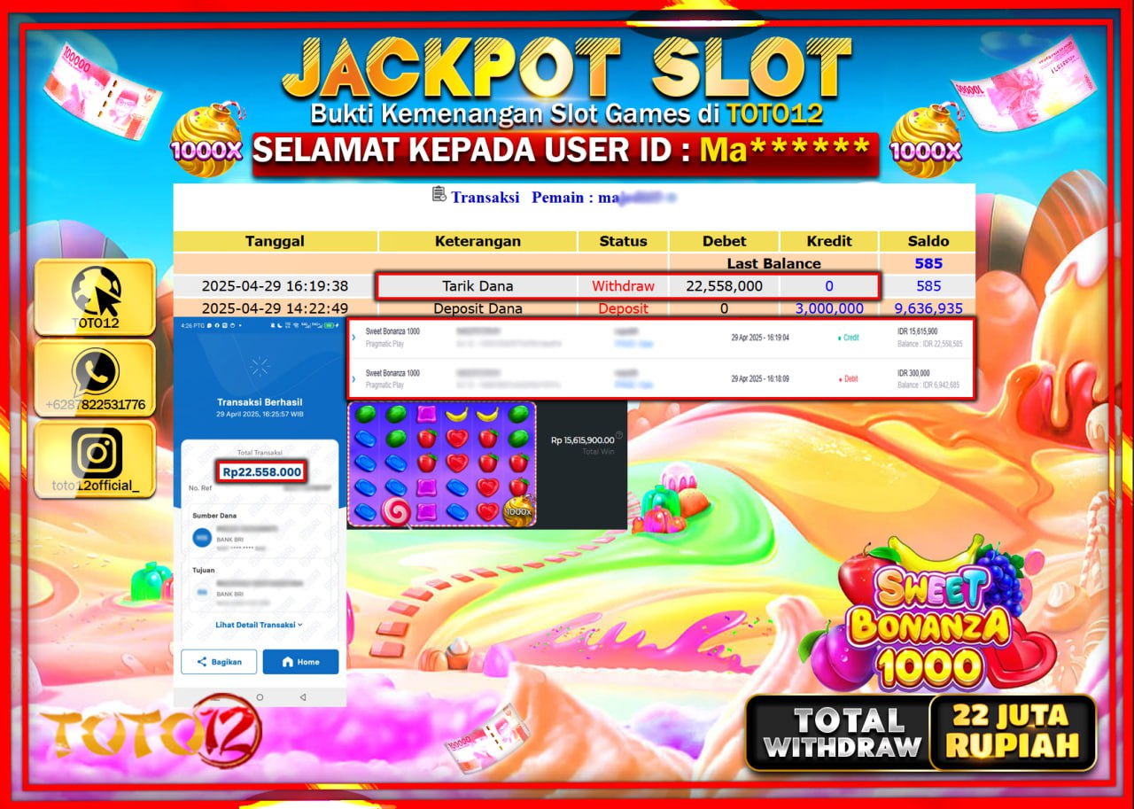 HANYA DI TOTO12 JP PASTI DI BAYAR LUNAS DAN CEPAT!!!!!! JACKPOT SLOT GAME (SWEET BONANZA 1000) Rp.22.000.000 !!!!