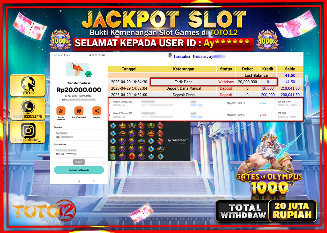 HANYA DI TOTO12 JP PASTI DI BAYAR LUNAS DAN CEPAT!!!!!! JACKPOT SLOT GAME (GATES OF OLYMPUS 1000) Rp.20.000.000 !!!!