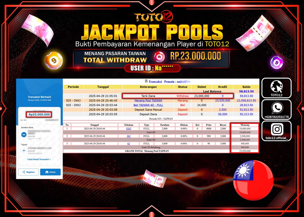 HANYA DI TOTO12 JP PASTI DI BAYAR LUNAS DAN CEPAT!!!!!! JACKPOT POOLS PASARAN (TAIWAN) Rp.23.000.000 !!!!