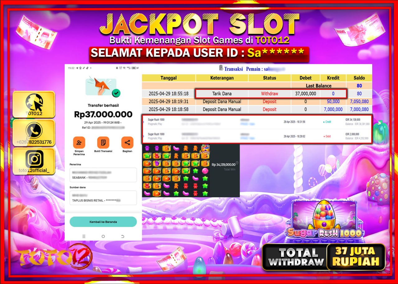 HANYA DI TOTO12 JP PASTI DI BAYAR LUNAS DAN CEPAT!!!!!! JACKPOT SLOT GAME (SUGAR RUSH 1000) Rp.37.000.000 !!!!