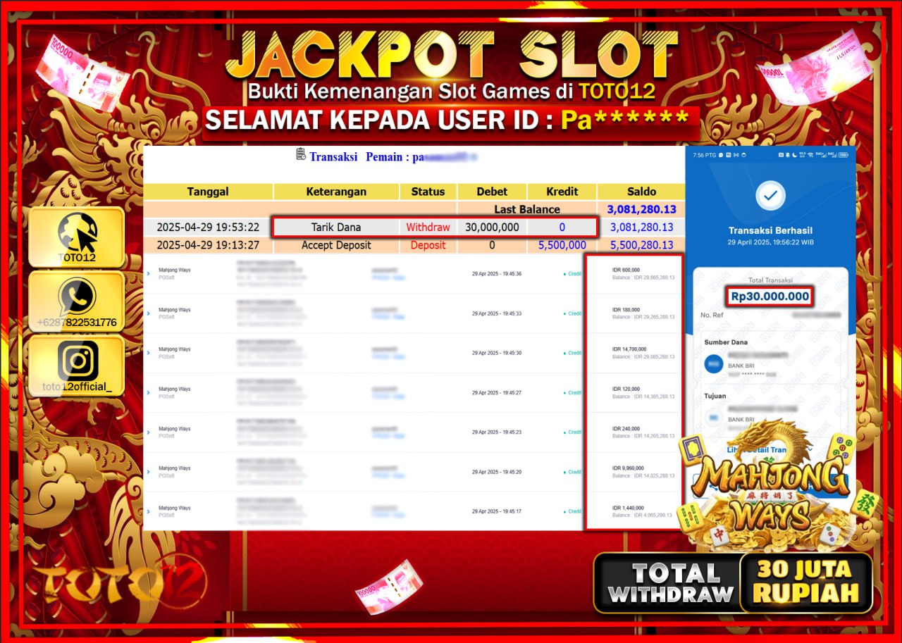 HANYA DI TOTO12 JP PASTI DI BAYAR LUNAS DAN CEPAT!!!!!! JACKPOT SLOT GAME (MAHJONG WAYS) Rp.30.000.000 !!!!