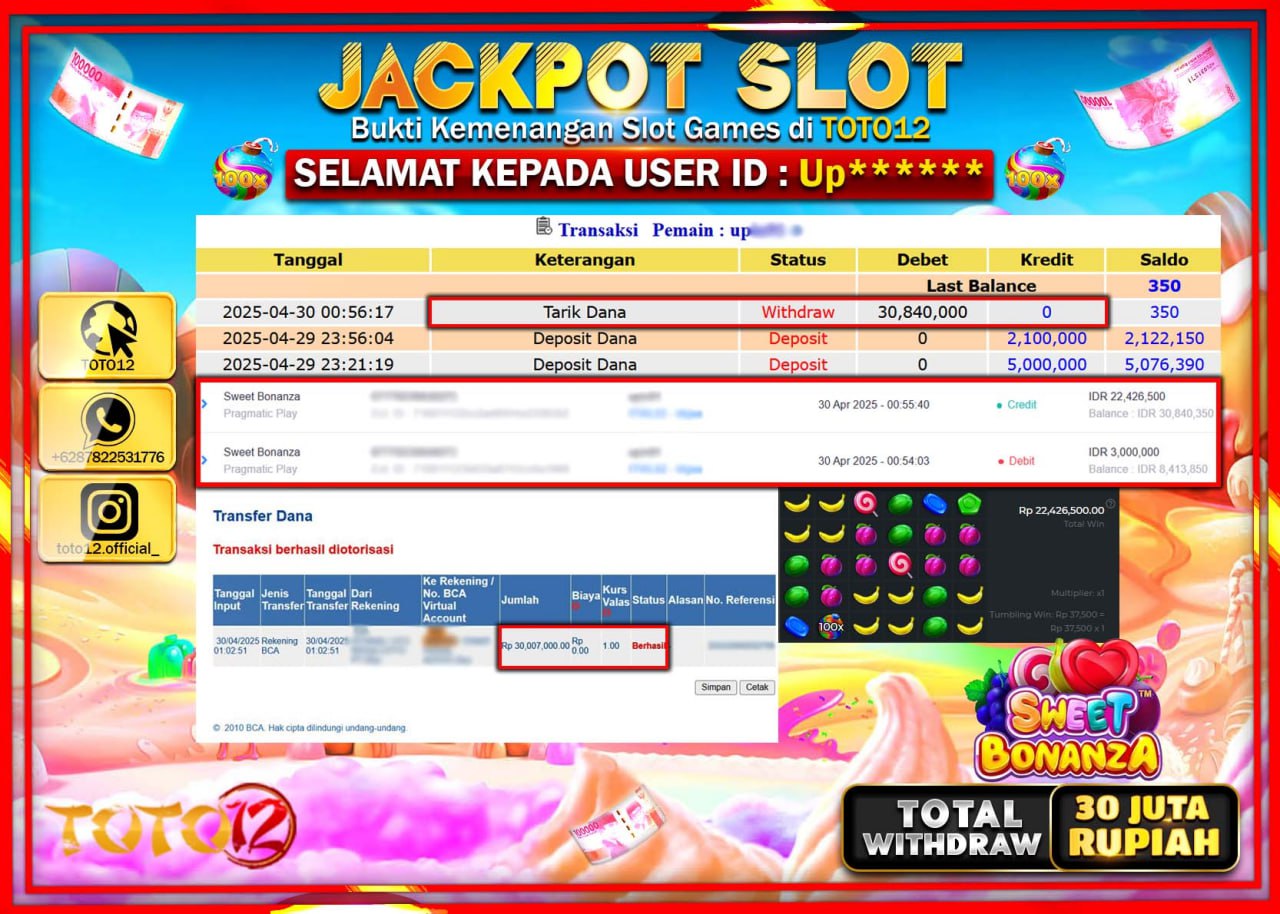 HANYA DI TOTO12 JP PASTI DI BAYAR LUNAS DAN CEPAT!!!!!! JACKPOT SLOT GAME (SWEET BONANZA) Rp.30.000.000 !!!!