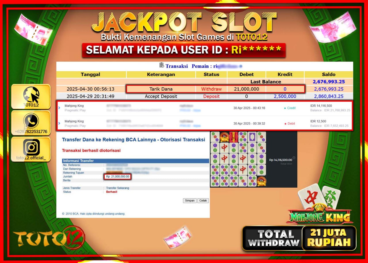 HANYA DI TOTO12 JP PASTI DI BAYAR LUNAS DAN CEPAT!!!!!! JACKPOT SLOT GAME (MOHJONG KING) Rp.21.000.000 !!!!