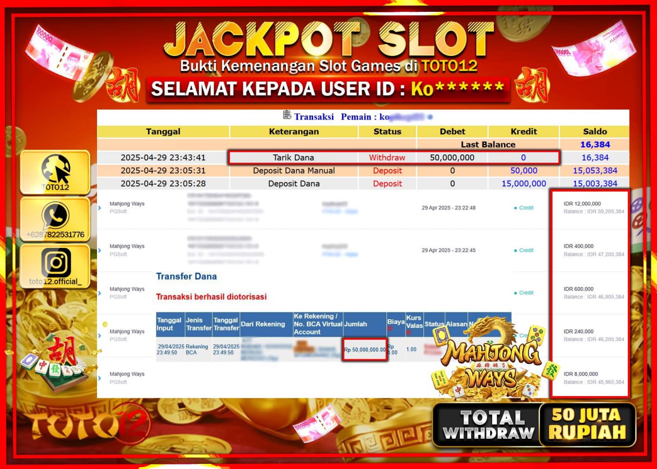 HANYA DI TOTO12 JP PASTI DI BAYAR LUNAS DAN CEPAT!!!!!! JACKPOT SLOT GAME (MAHJONG WAYS) Rp.50.000.000 !!!!