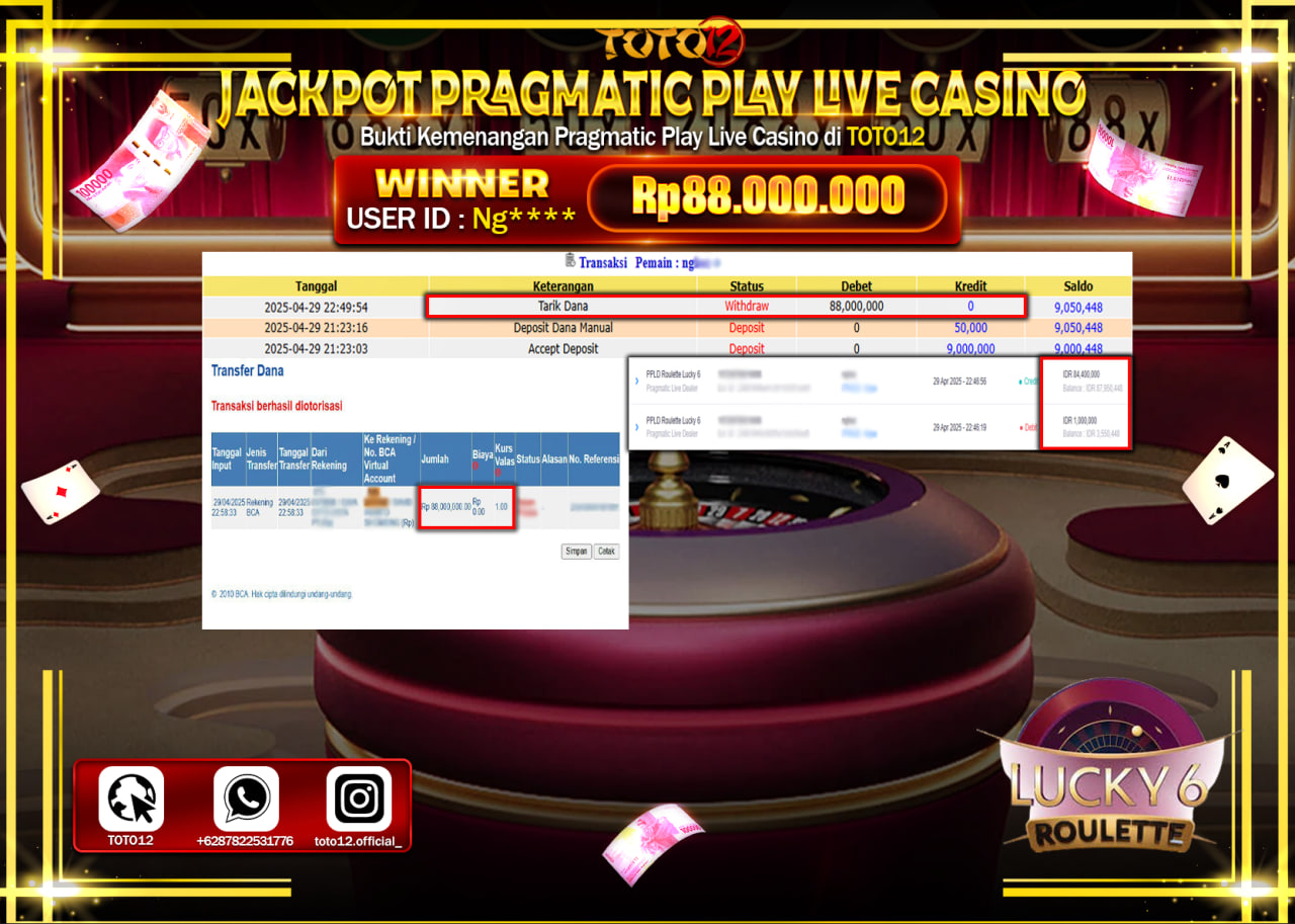 HANYA DI TOTO12 JP PASTI DI BAYAR LUNAS DAN CEPAT!!!!!! JACKPOT PRAGMATIC PLAY LIVE CASINO (ROULETTE LUCKY 6) Rp.88.000.000 !!!!