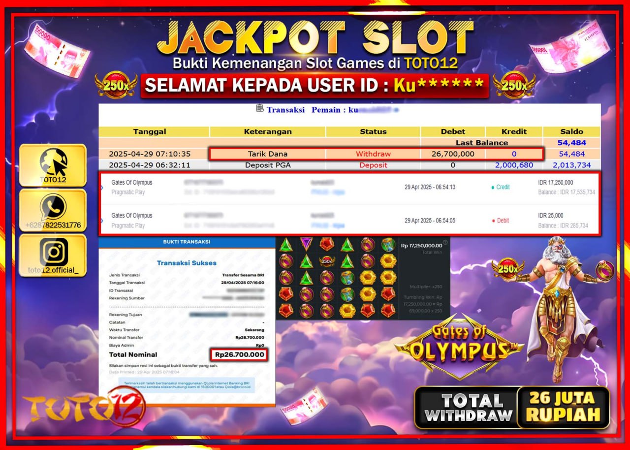 HANYA DI TOTO12 JP PASTI DI BAYAR LUNAS DAN CEPAT!!!!!! JACKPOT SLOT GAME (GATES OF OLYMPUS) Rp.26.000.000 !!!!