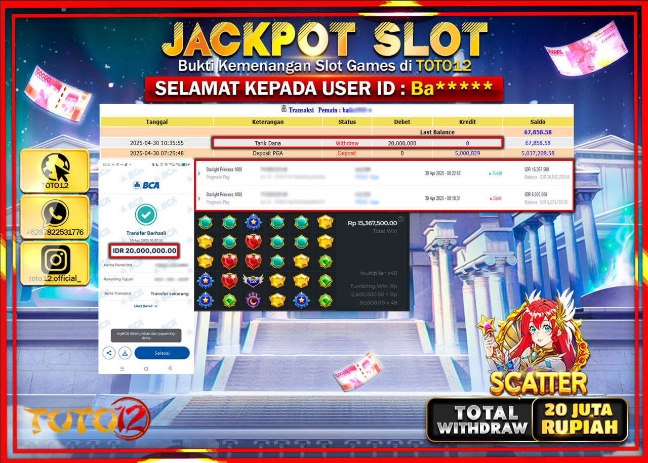 HANYA DI TOTO12 JP PASTI DI BAYAR LUNAS DAN CEPAT!!!!!! JACKPOT SLOT GAME (STARLIGHT PRINCESS 1000) Rp.20.000.000 !!!!