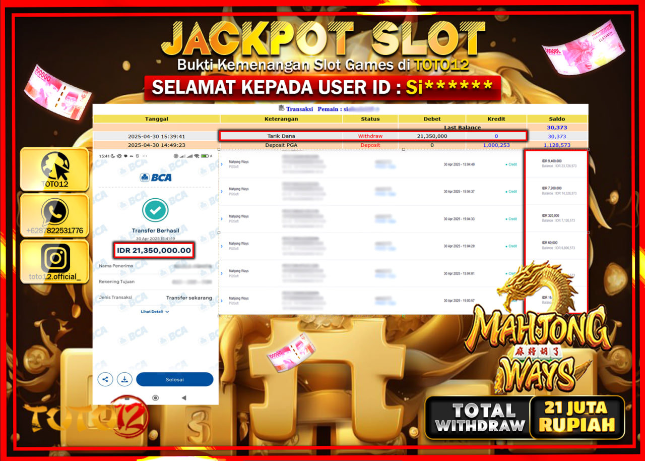 HANYA DI TOTO12 JP PASTI DI BAYAR LUNAS DAN CEPAT!!!!!! JACKPOT SLOT GAME (MAHJONG WAYS) Rp.21.000.000 !!!!