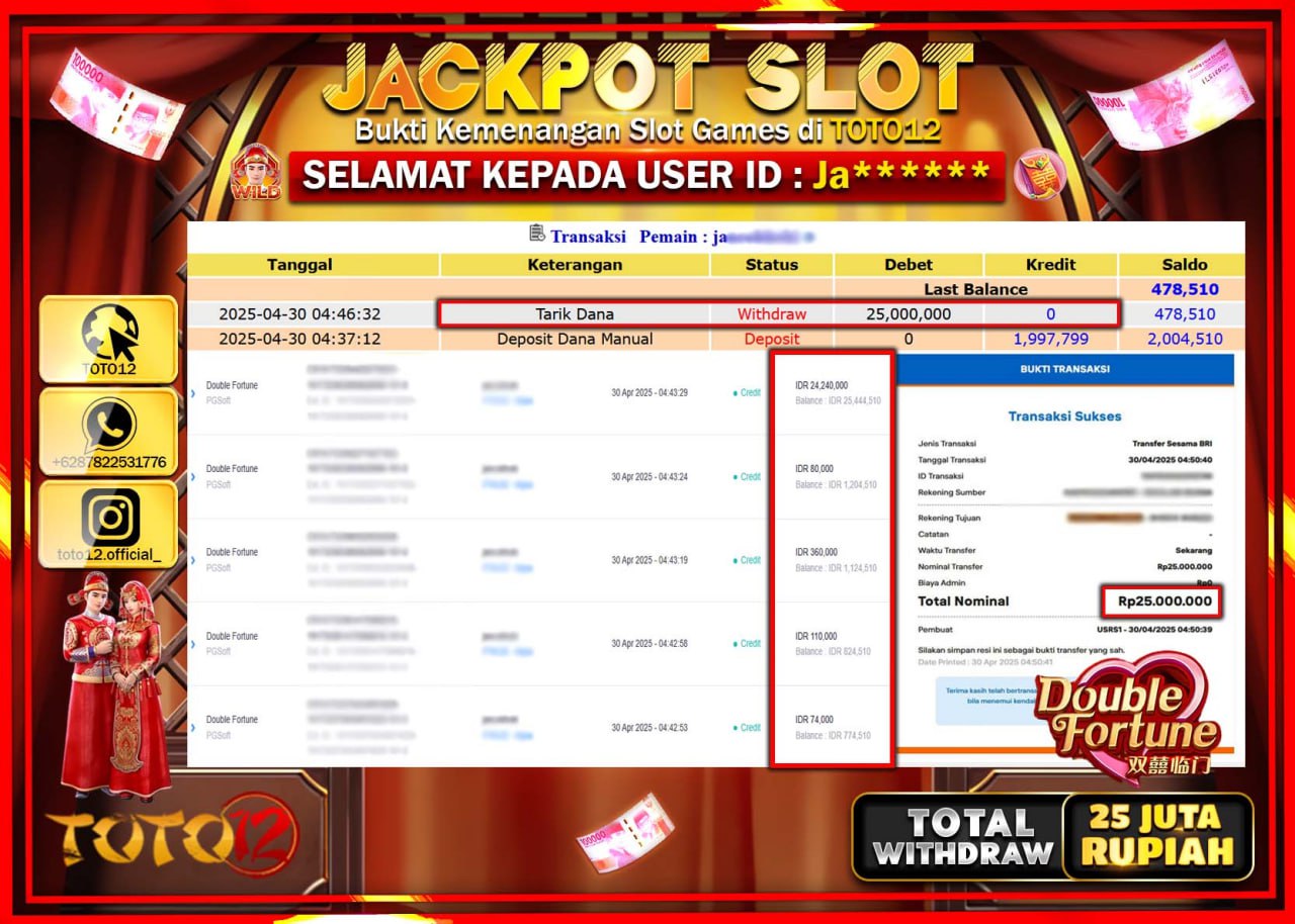 HANYA DI TOTO12 JP PASTI DI BAYAR LUNAS DAN CEPAT!!!!!! JACKPOT SLOT GAME (DOUBLE FORTUNE) Rp.25.000.000 !!!!