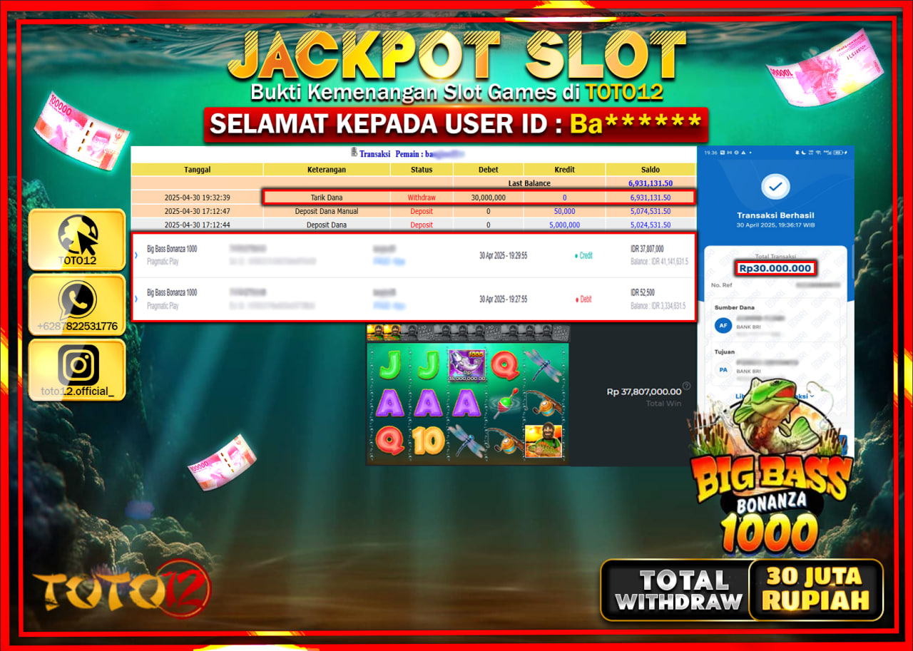 HANYA DI TOTO12 JP PASTI DI BAYAR LUNAS DAN CEPAT!!!!!! JACKPOT SLOT GAME (BIG BASS BONANZA 1000) Rp.30.000.000 !!!!