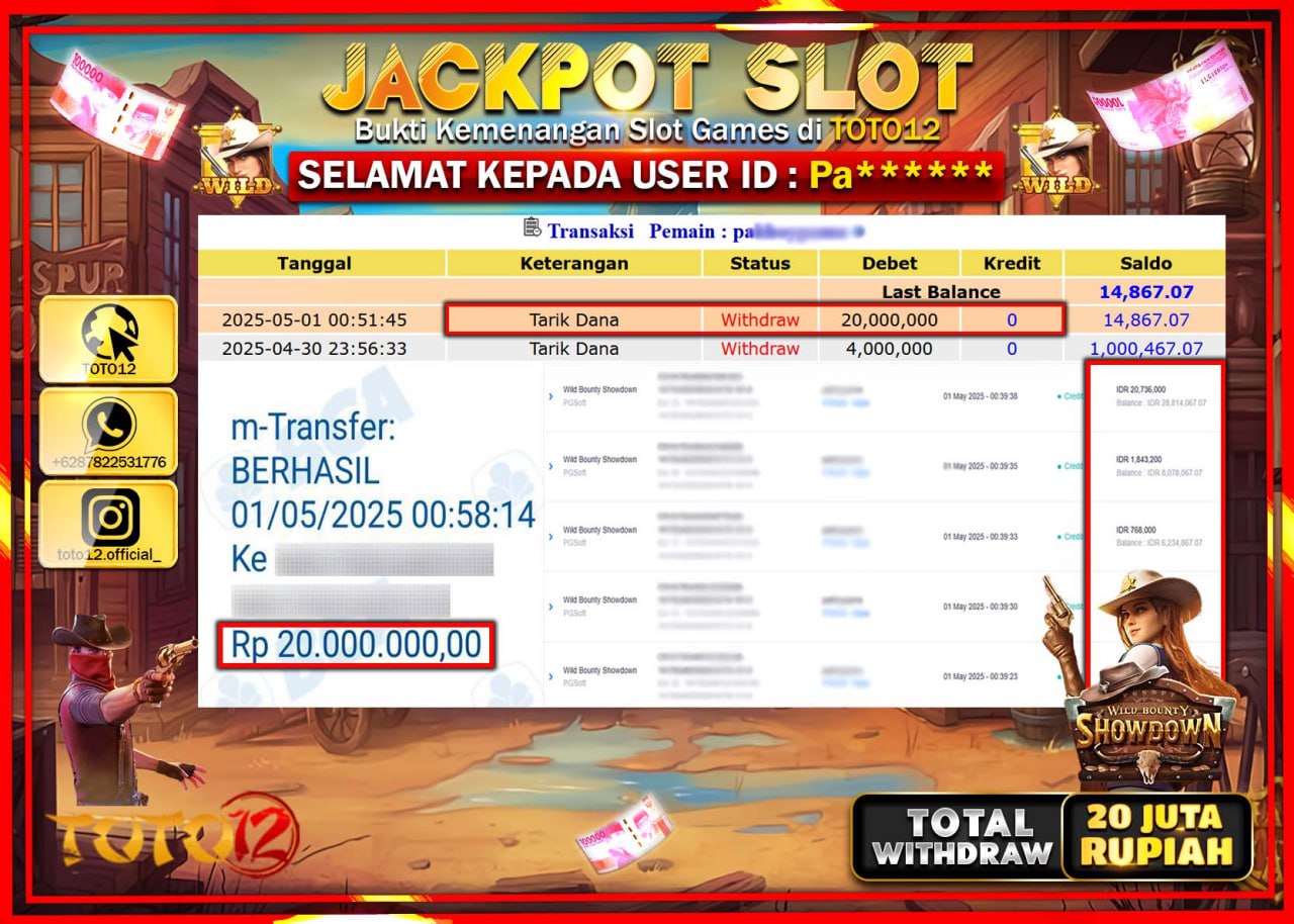 HANYA DI TOTO12 JP PASTI DI BAYAR LUNAS DAN CEPAT!!!!!! JACKPOT SLOT GAME (WILD BOUNTY SHOWDOWN) Rp.20.000.000 !!!!