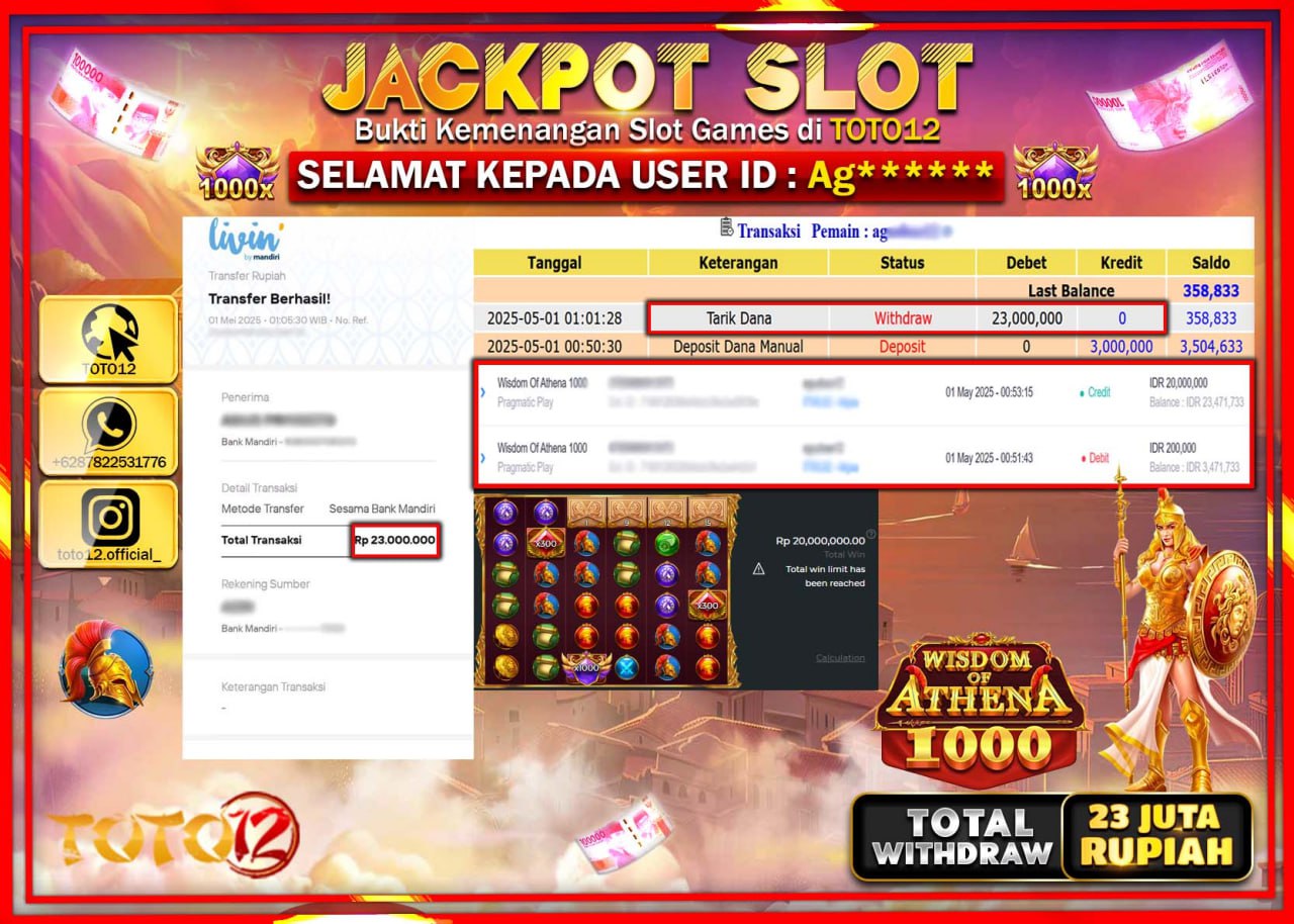 HANYA DI TOTO12 JP PASTI DI BAYAR LUNAS DAN CEPAT!!!!!! JACKPOT SLOT GAME (WISDOM OF ATHENA 1000) Rp.23.000.000 !!!!