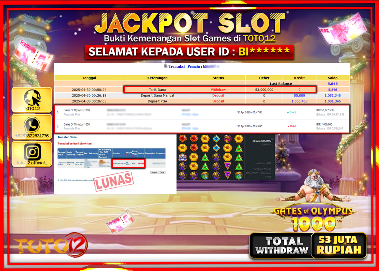 HANYA DI TOTO12 JP PASTI DI BAYAR LUNAS DAN CEPAT!!!!!! JACKPOT SLOT GAME (GATES OF OLYMPUS 1000) Rp.53.000.000 !!!!