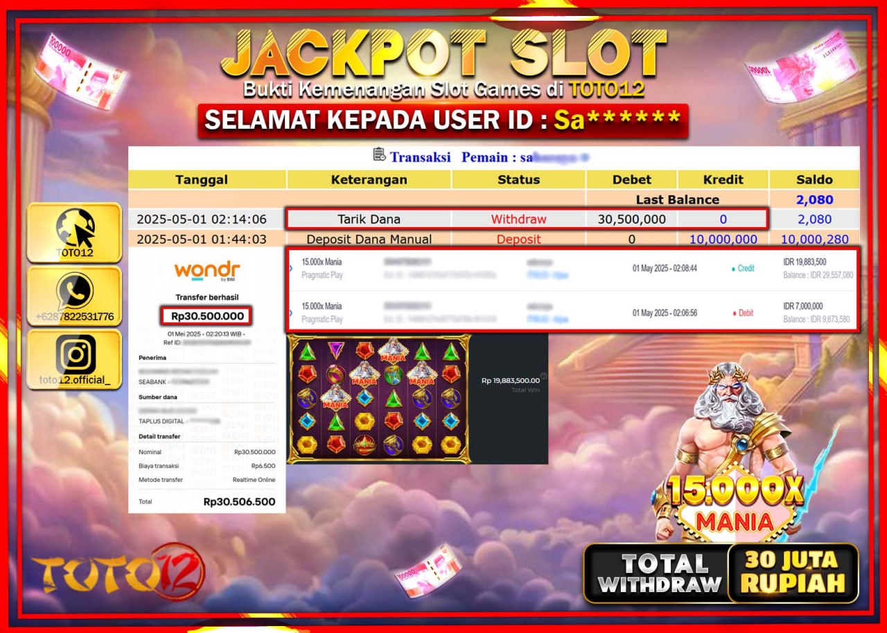 HANYA DI TOTO12 JP PASTI DI BAYAR LUNAS DAN CEPAT!!!!!! JACKPOT SLOT GAME (15.000X MANIA) Rp.30.000.000 !!!!