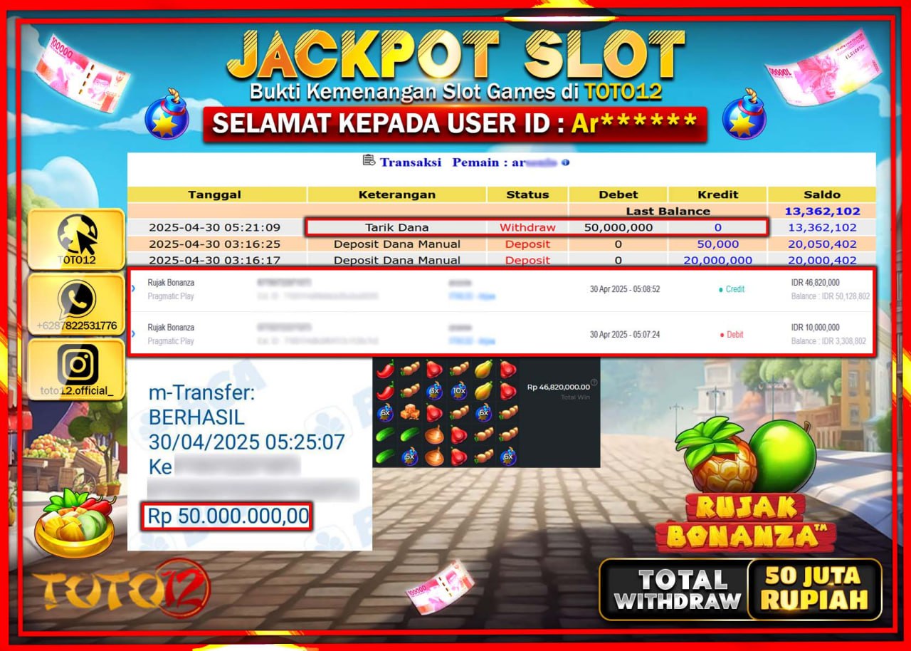 HANYA DI TOTO12 JP PASTI DI BAYAR LUNAS DAN CEPAT!!!!!! JACKPOT SLOT GAME (RUJAK BONANZA) Rp.50.000.000 !!!!