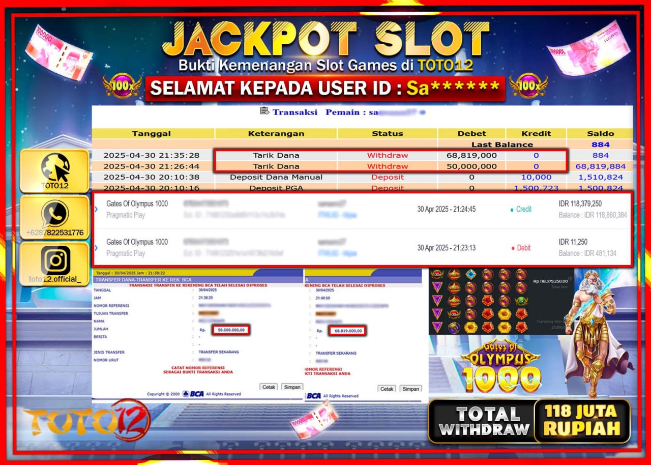 HANYA DI TOTO12 JP PASTI DI BAYAR LUNAS DAN CEPAT!!!!!! JACKPOT SLOT GAME (GATES OF OLYMPUS 1000) Rp.118.000.000 !!!!