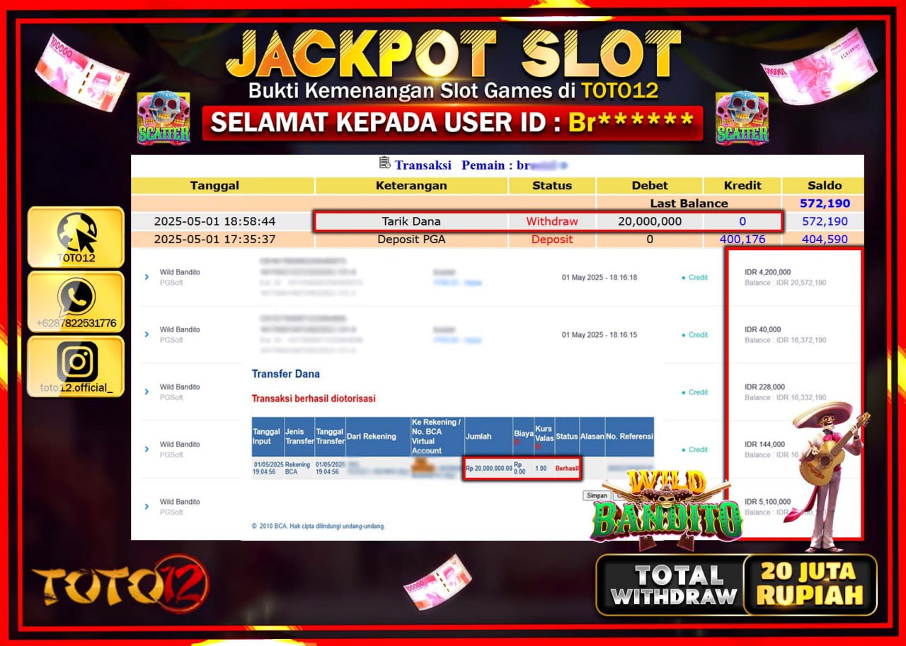 HANYA DI TOTO12 JP PASTI DI BAYAR LUNAS DAN CEPAT!!!!!! JACKPOT SLOT GAME (WILD BANDITO) Rp.20.000.000 !!!!
