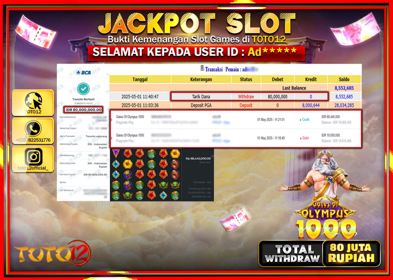 HANYA DI TOTO12 JP PASTI DI BAYAR LUNAS DAN CEPAT!!!!!! JACKPOT SLOT GAME (GATES OF OLYMPUS 1000) Rp.80.000.000 !!!!