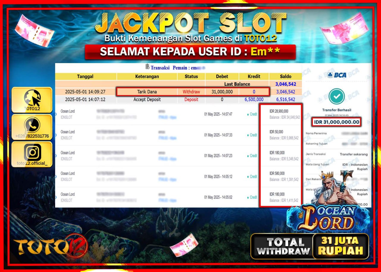 HANYA DI TOTO12 JP PASTI DI BAYAR LUNAS DAN CEPAT!!!!!! JACKPOT SLOT GAME (OCEAN LORD) Rp.31.000.000 !!!!