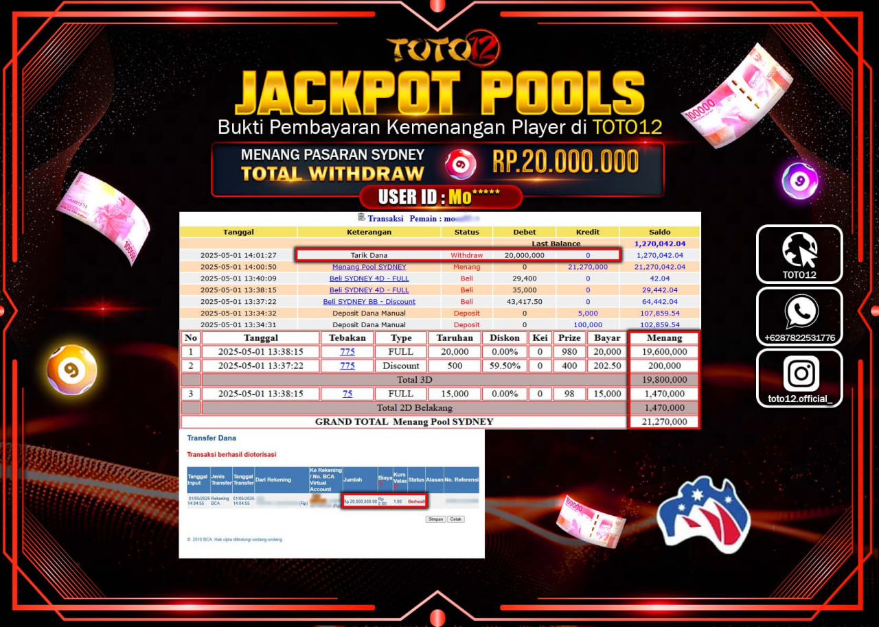 HANYA DI TOTO12 JP PASTI DI BAYAR LUNAS DAN CEPAT!!!!!! JACKPOT POOLS PASARAN (SYDNEY) Rp.20.000.000 !!!!