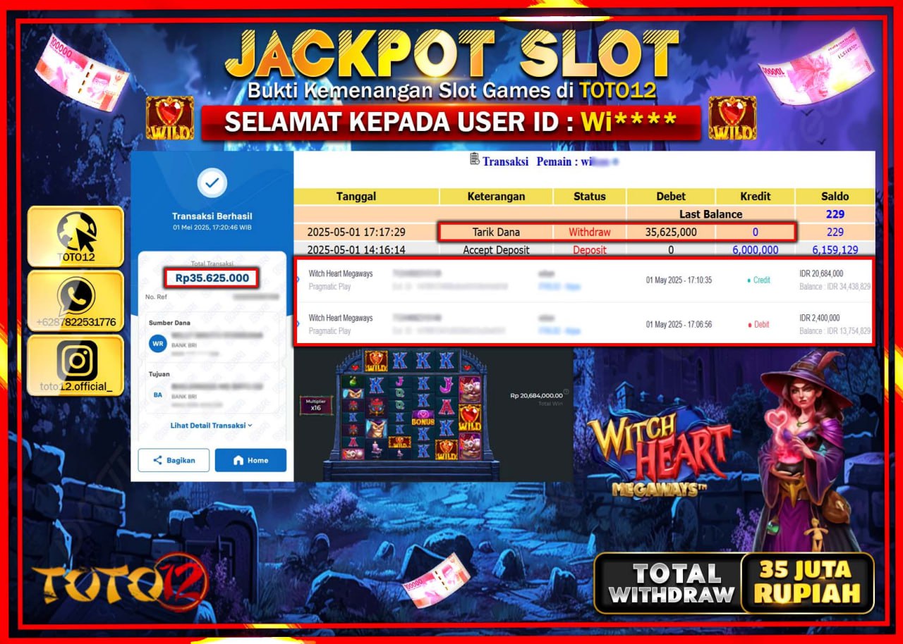 HANYA DI TOTO12 JP PASTI DI BAYAR LUNAS DAN CEPAT!!!!!! JACKPOT SLOT GAME (WITCH HEART MEGAWAYS) Rp.35.000.000 !!!!