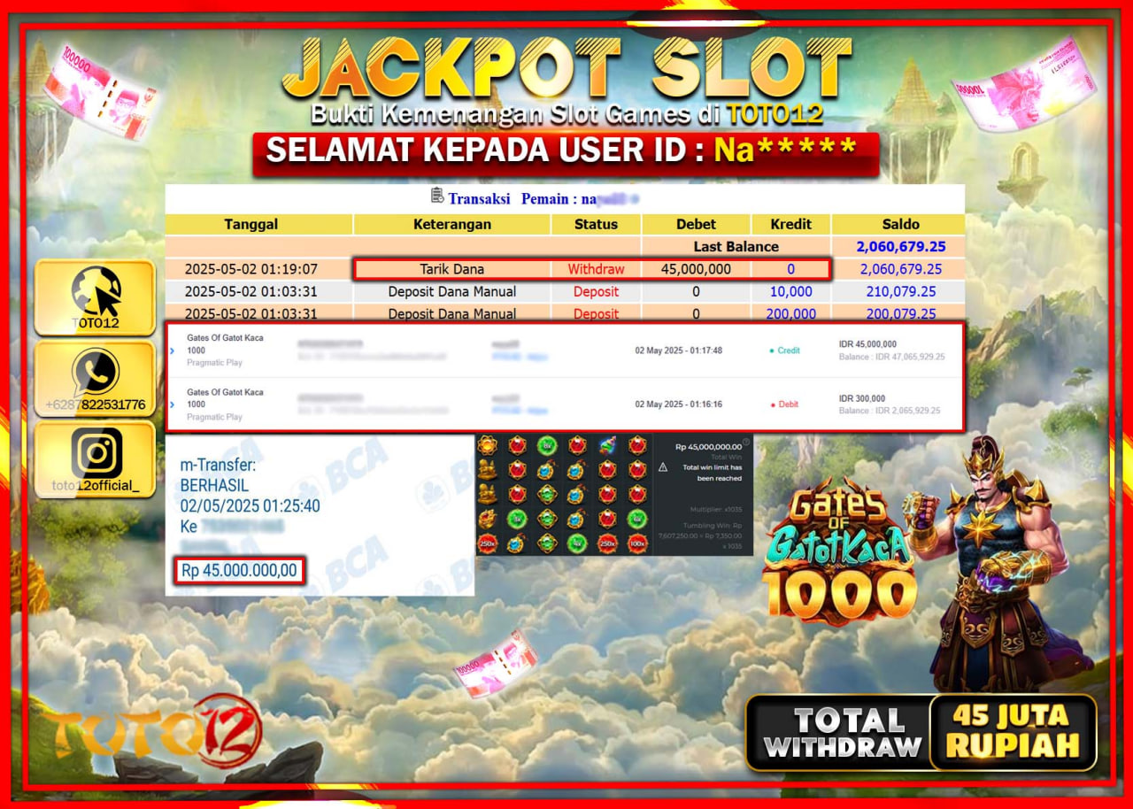 HANYA DI TOTO12 JP PASTI DI BAYAR LUNAS DAN CEPAT!!!!!! JACKPOT SLOT GAME (GATES OF GATOT KACA 1000) Rp.45.000.000 !!!!