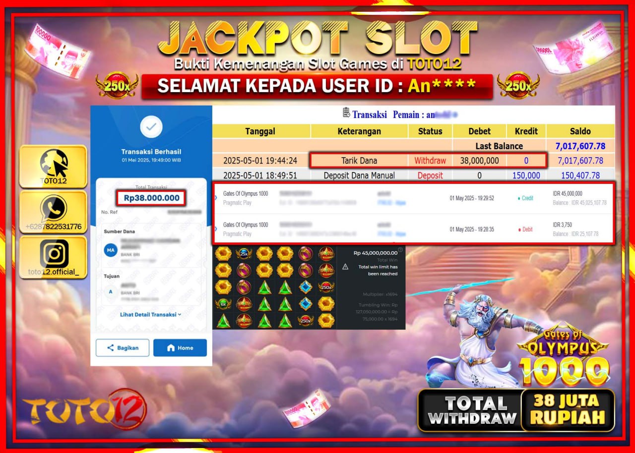 HANYA DI TOTO12 JP PASTI DI BAYAR LUNAS DAN CEPAT!!!!!! JACKPOT SLOT GAME (GATES OF OLYMPUS 1000) Rp.38.000.000 !!!!