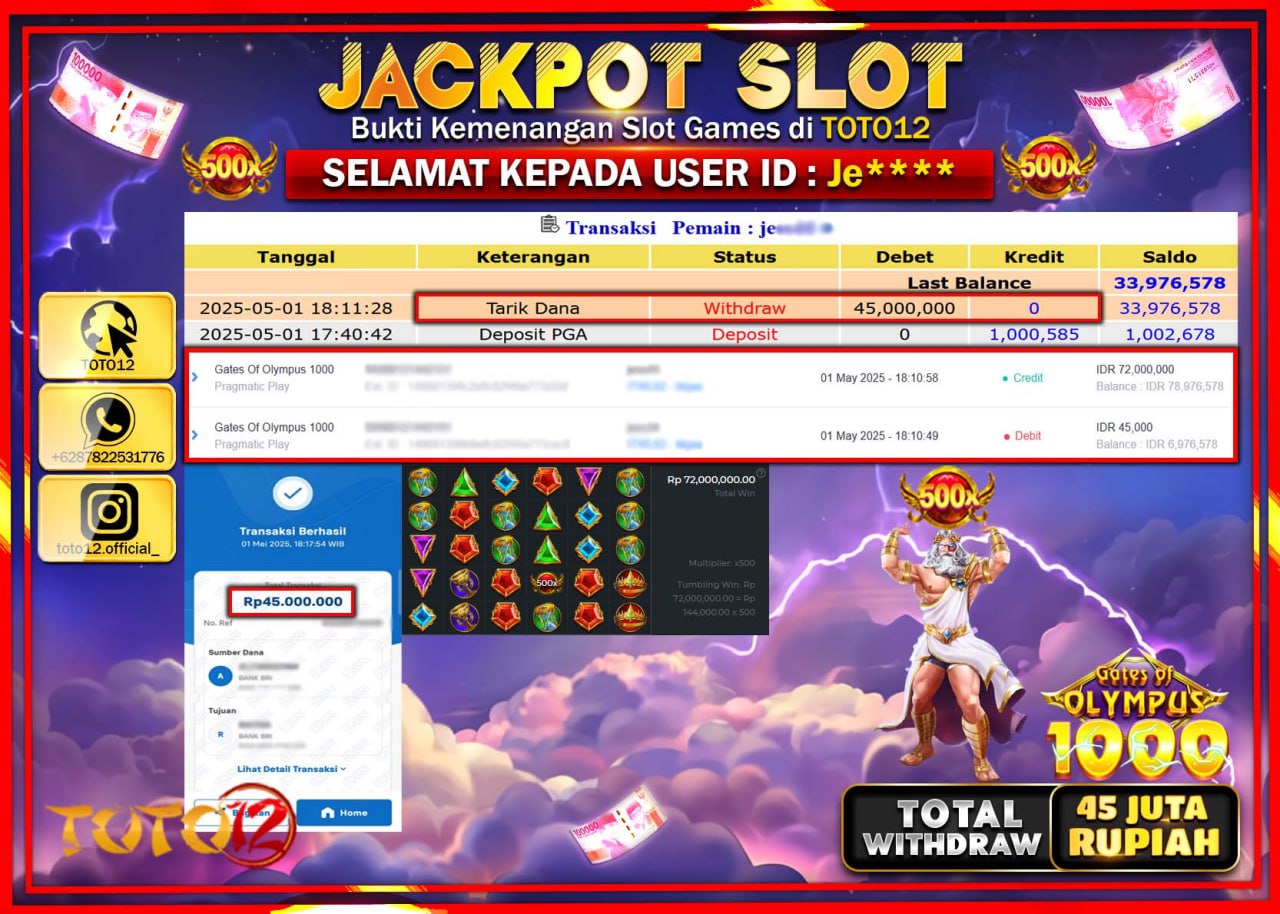 HANYA DI TOTO12 JP PASTI DI BAYAR LUNAS DAN CEPAT!!!!!! JACKPOT SLOT GAME (GATES OF OLYMPUS 1000) Rp.45.000.000 !!!!