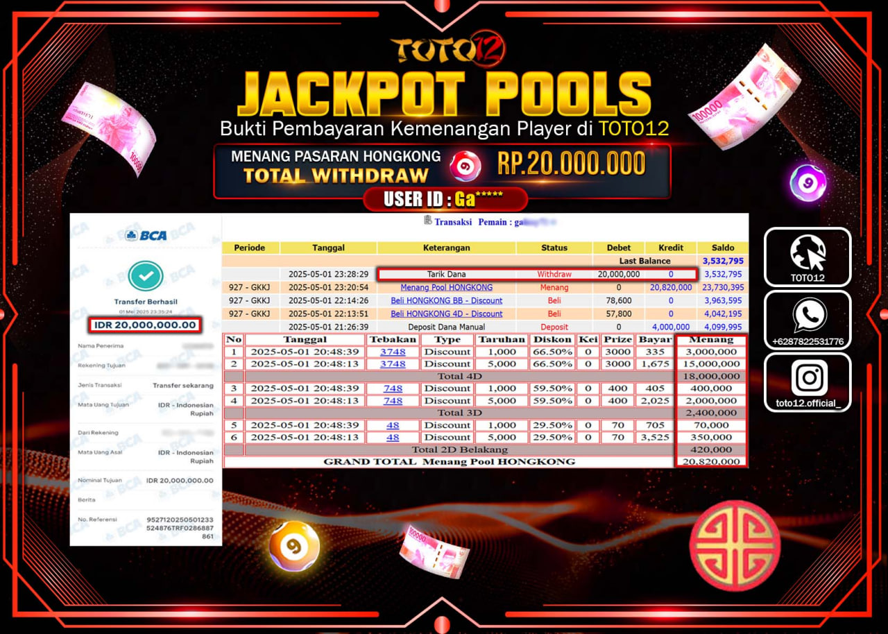 HANYA DI TOTO12 JP PASTI DI BAYAR LUNAS DAN CEPAT!!!!!! JACKPOT POOLS PASARAN (HONGKONG) Rp.20.000.000 !!!!