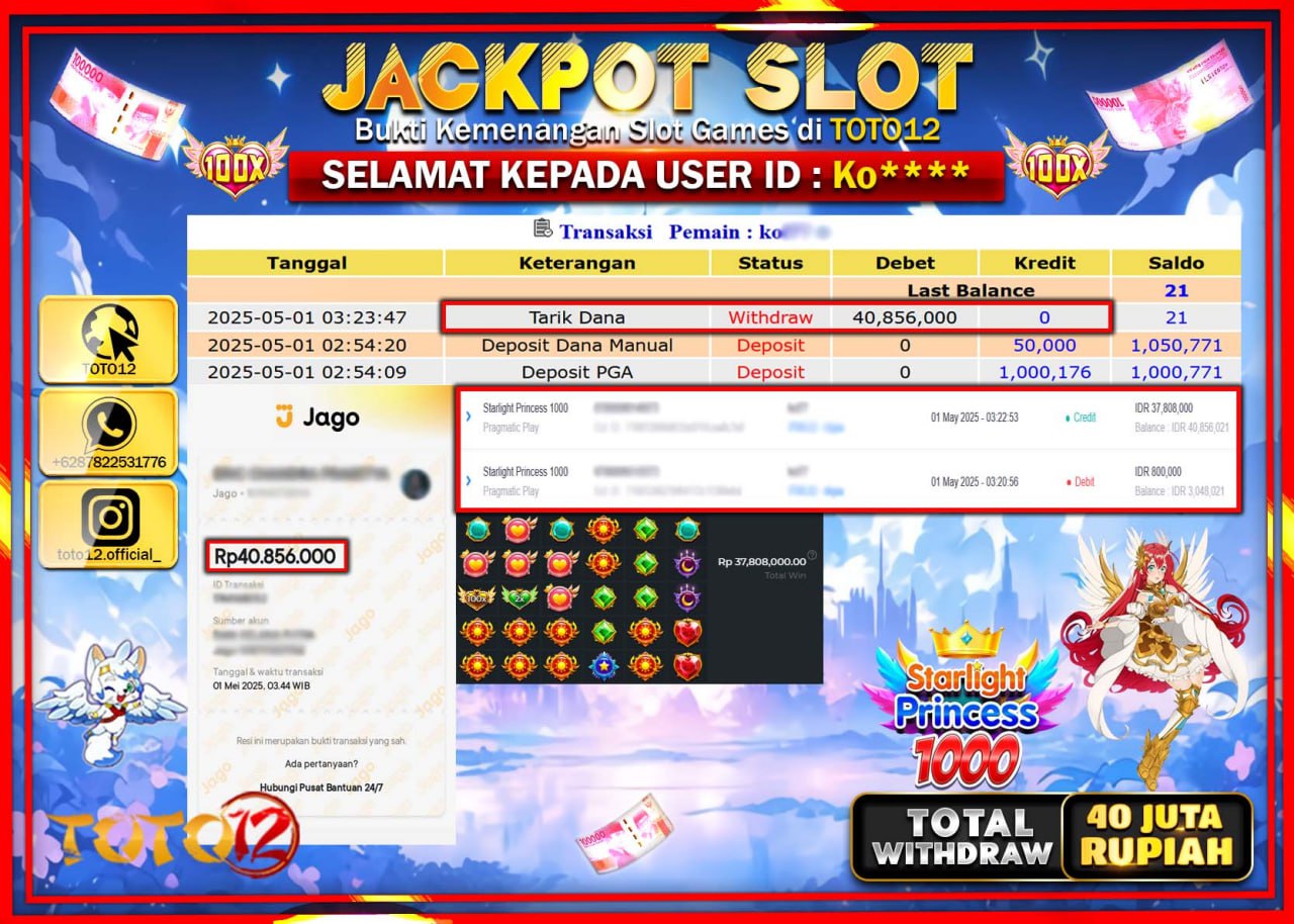 HANYA DI TOTO12 JP PASTI DI BAYAR LUNAS DAN CEPAT!!!!!! JACKPOT SLOT GAME (STARLIGHT PRINCESS 1000) Rp.40.000.000 !!!!