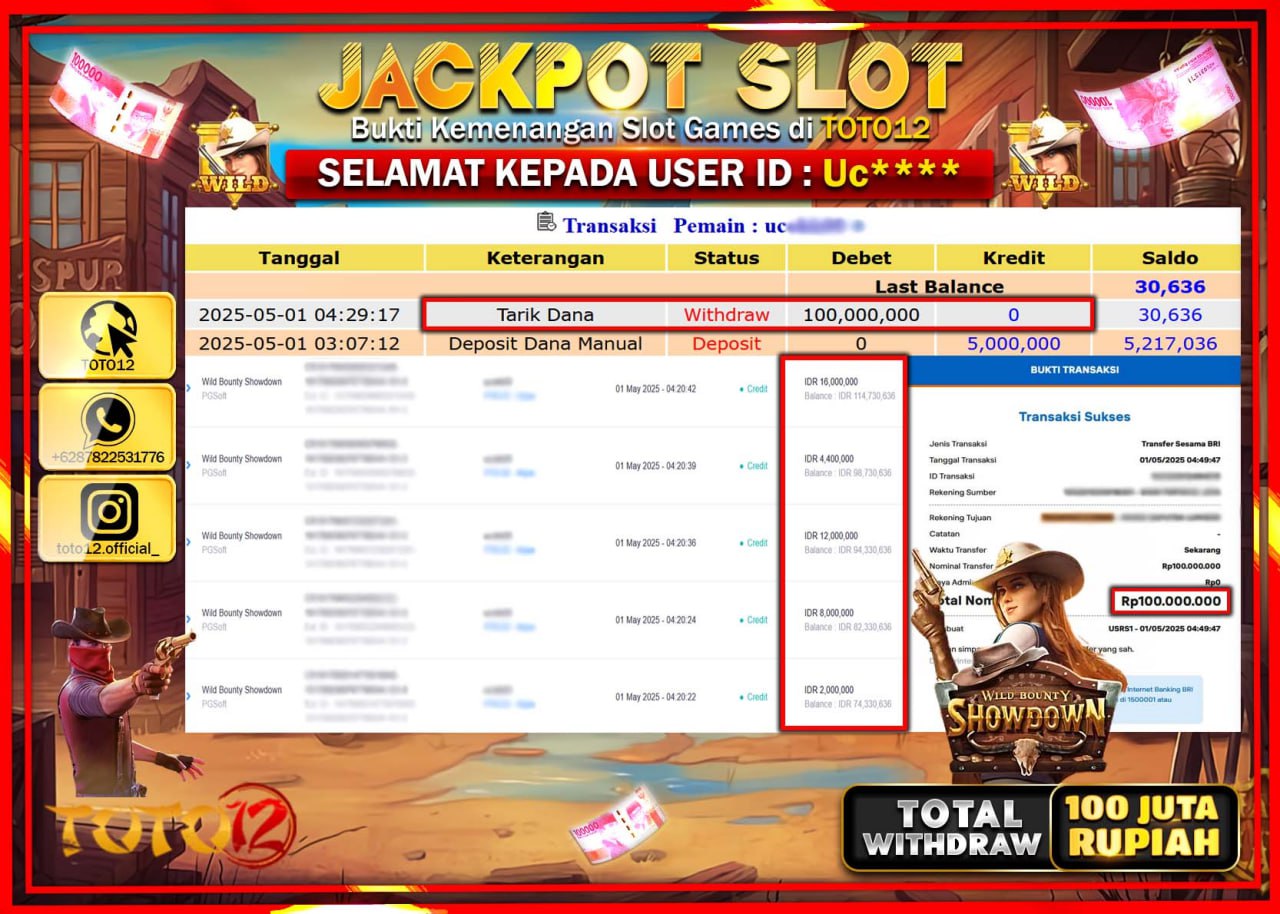 HANYA DI TOTO12 JP PASTI DI BAYAR LUNAS DAN CEPAT!!!!!! JACKPOT SLOT GAME (WILD BOUNTY SHOWDOWN) Rp.100.000.000 !!!!