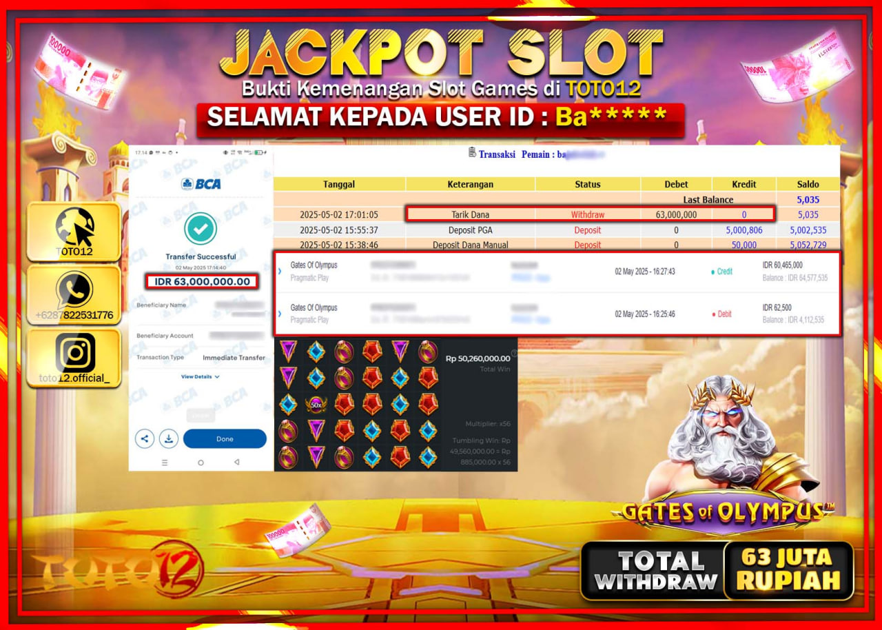 HANYA DI TOTO12 JP PASTI DI BAYAR LUNAS DAN CEPAT!!!!!! JACKPOT SLOT GAME (GATES OF OLYMPUS) Rp.63.000.000 !!!!