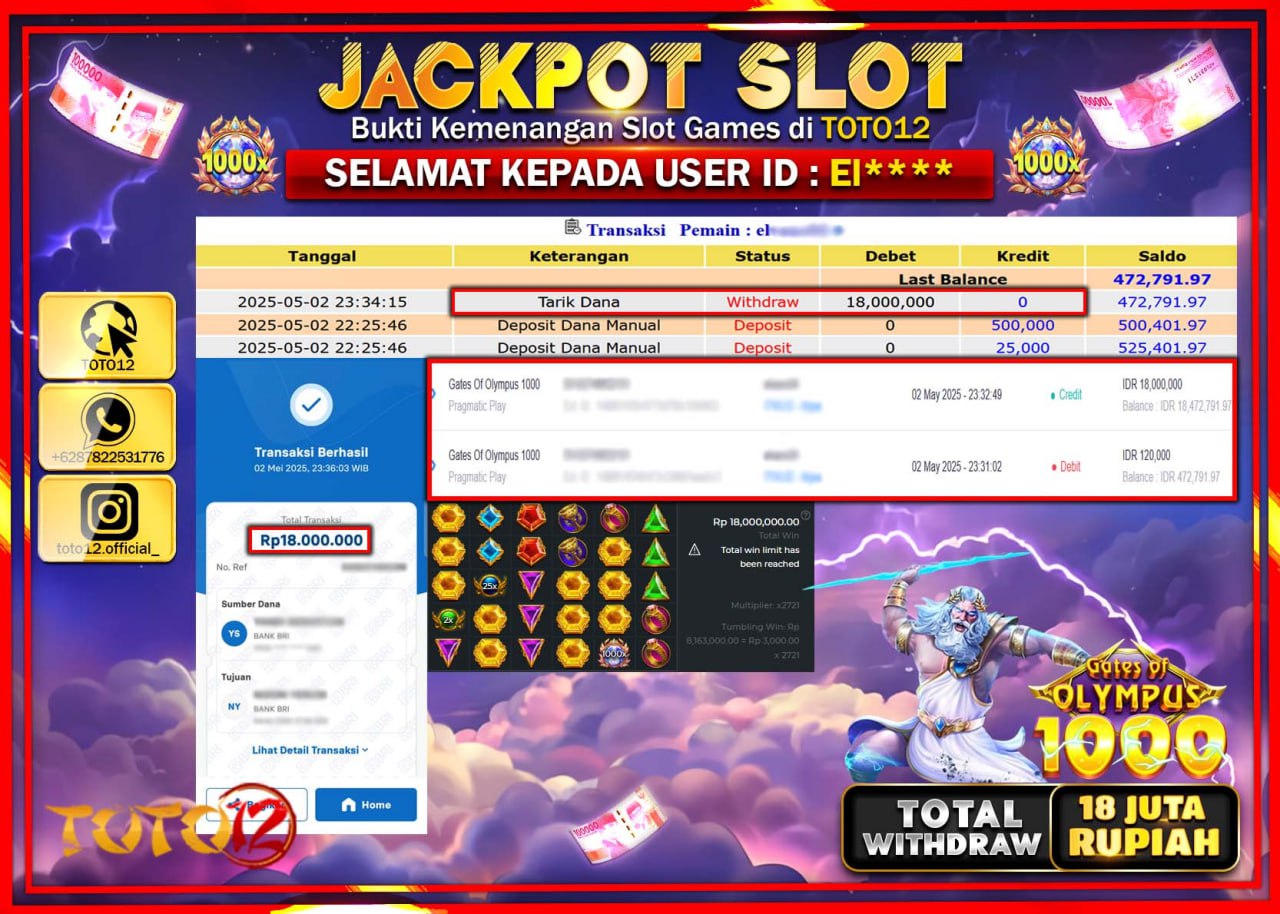 HANYA DI TOTO12 JP PASTI DI BAYAR LUNAS DAN CEPAT!!!!!! JACKPOT SLOT GAME (GATES OF OLYMPUS 1000) Rp.18.000.000 !!!!