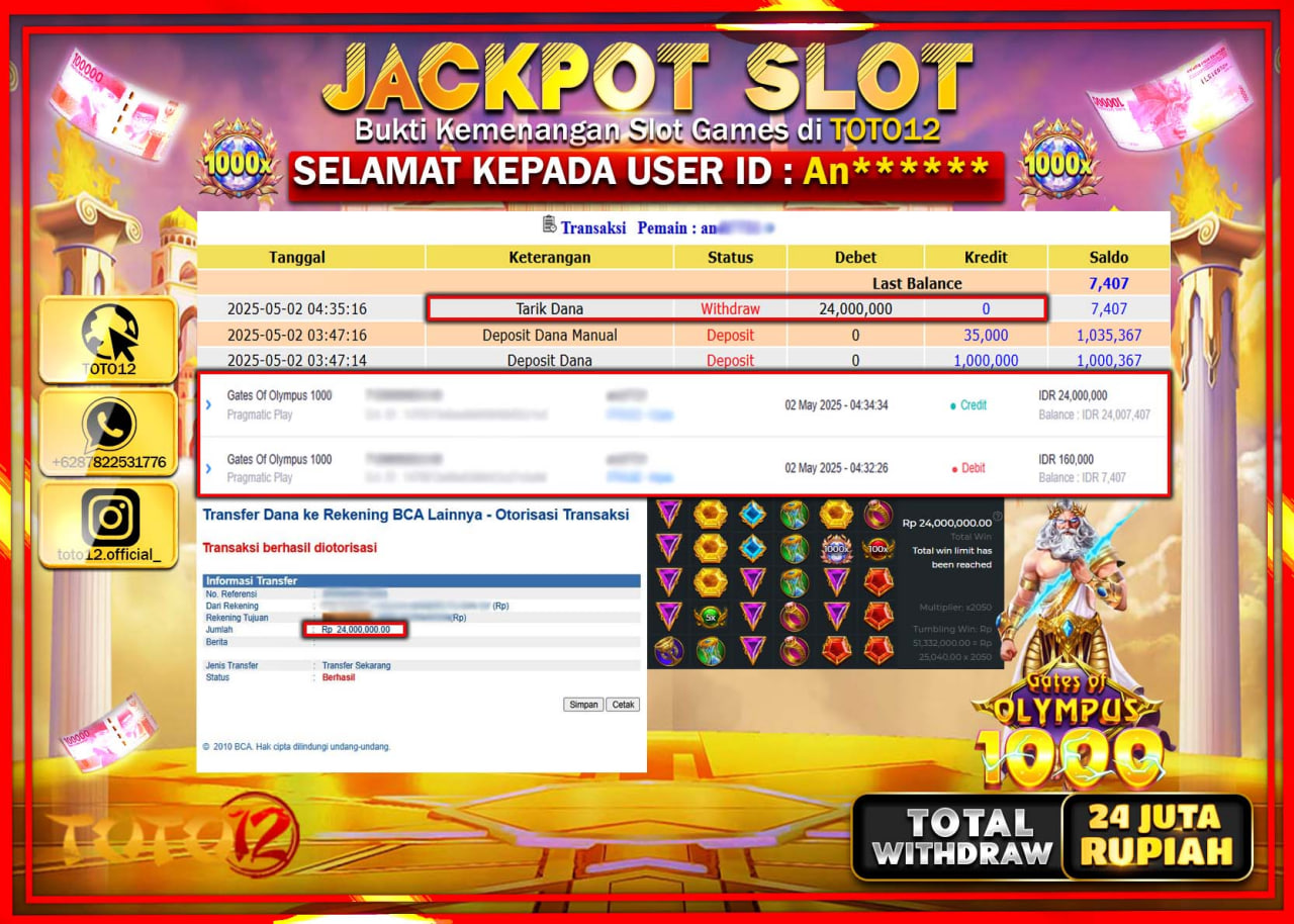 HANYA DI TOTO12 JP PASTI DI BAYAR LUNAS DAN CEPAT!!!!!! JACKPOT SLOT GAME (GATES OF OLYMPUS 1000) Rp.24.000.000 !!!!
