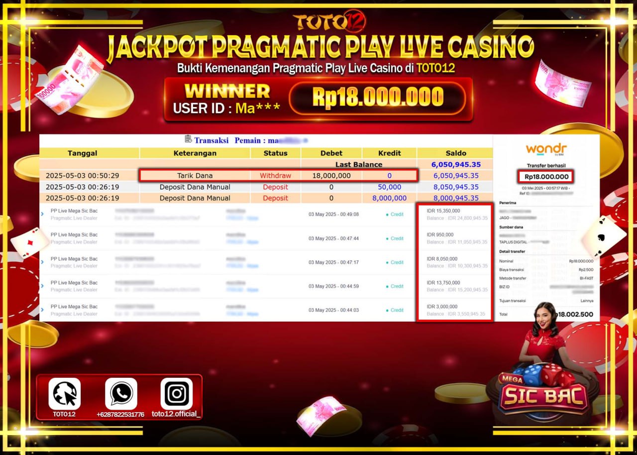 HANYA DI TOTO12 JP PASTI DI BAYAR LUNAS DAN CEPAT!!!!!! JACKPOT PTAGMATIC PLAY LIVE CASINO (MEGA SIC BAC) Rp.18.000.000 !!!!
