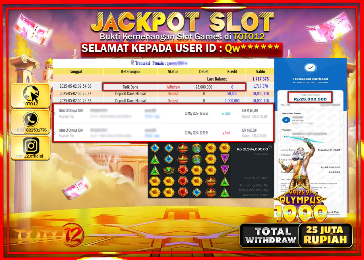 HANYA DI TOTO12 JP PASTI DI BAYAR LUNAS DAN CEPAT!!!!!! JACKPOT SLOT GAME (GATES OF OLYMPUS 1000) Rp.25.000.000 !!!!