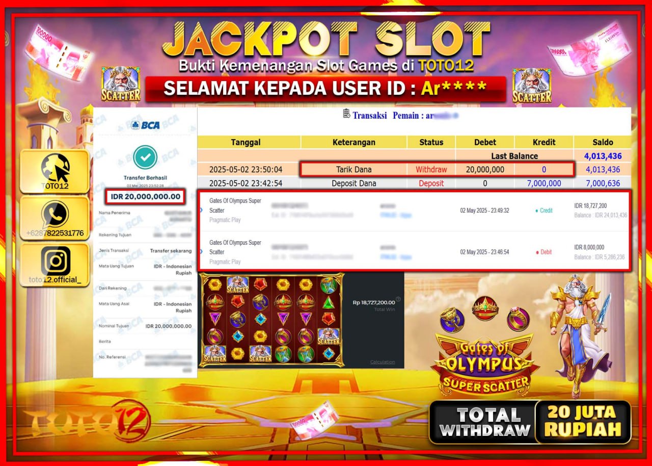 HANYA DI TOTO12 JP PASTI DI BAYAR LUNAS DAN CEPAT!!!!!! JACKPOT SLOT GAME (GATES OF OLYMPUS SUPER SCATTER) Rp.20.000.000 !!!!