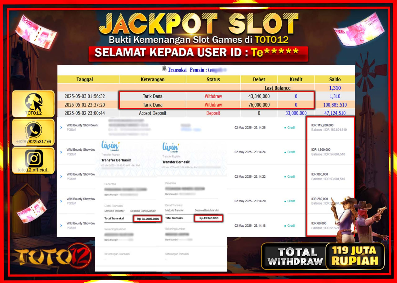 HANYA DI TOTO12 JP PASTI DI BAYAR LUNAS DAN CEPAT!!!!!! JACKPOT SLOT GAME (WILD BOUNTY SHOWDOWN) Rp.119.000.000 !!!!