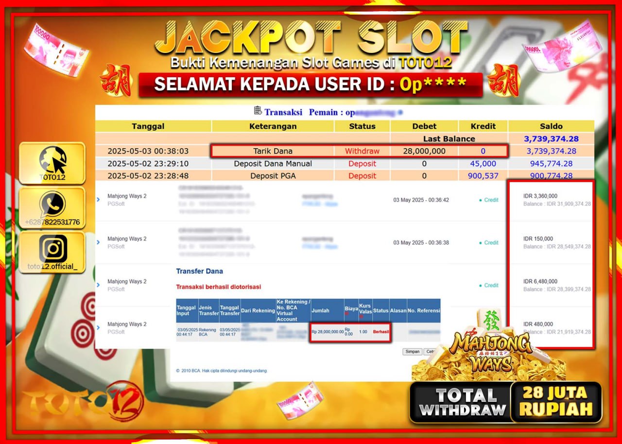 HANYA DI TOTO12 JP PASTI DI BAYAR LUNAS DAN CEPAT!!!!!! JACKPOT SLOT GAME (MAHJONG WAYS) Rp.28.000.000 !!!!