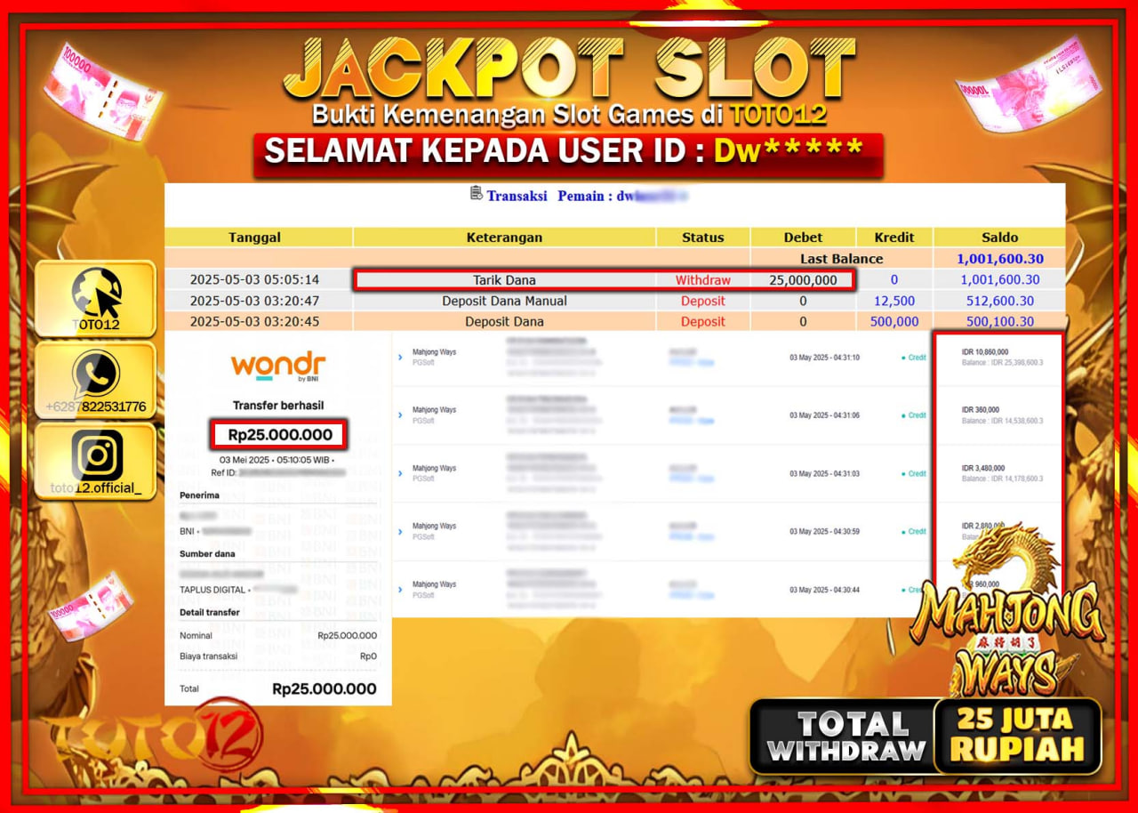 HANYA DI TOTO12 JP PASTI DI BAYAR LUNAS DAN CEPAT!!!!!! JACKPOT SLOT GAME (MAHJONG WAYS) Rp.25.000.000 !!!!