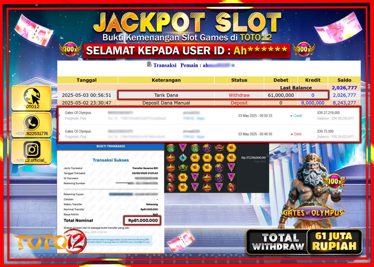 HANYA DI TOTO12 JP PASTI DI BAYAR LUNAS DAN CEPAT!!!!!! JACKPOT SLOT GAME (GATES OF OLYMPUS) Rp.61.000.000 !!!!