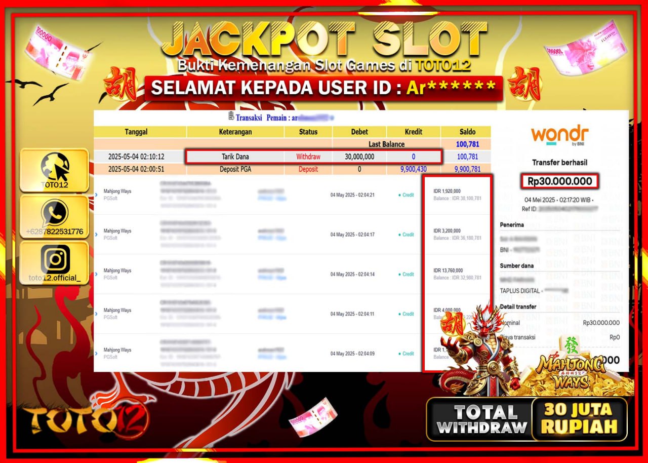 HANYA DI TOTO12 JP PASTI DI BAYAR LUNAS DAN CEPAT!!!!!! JACKPOT SLOT GAME (MAHJONG WAYS) Rp.30.000.000 !!!!
